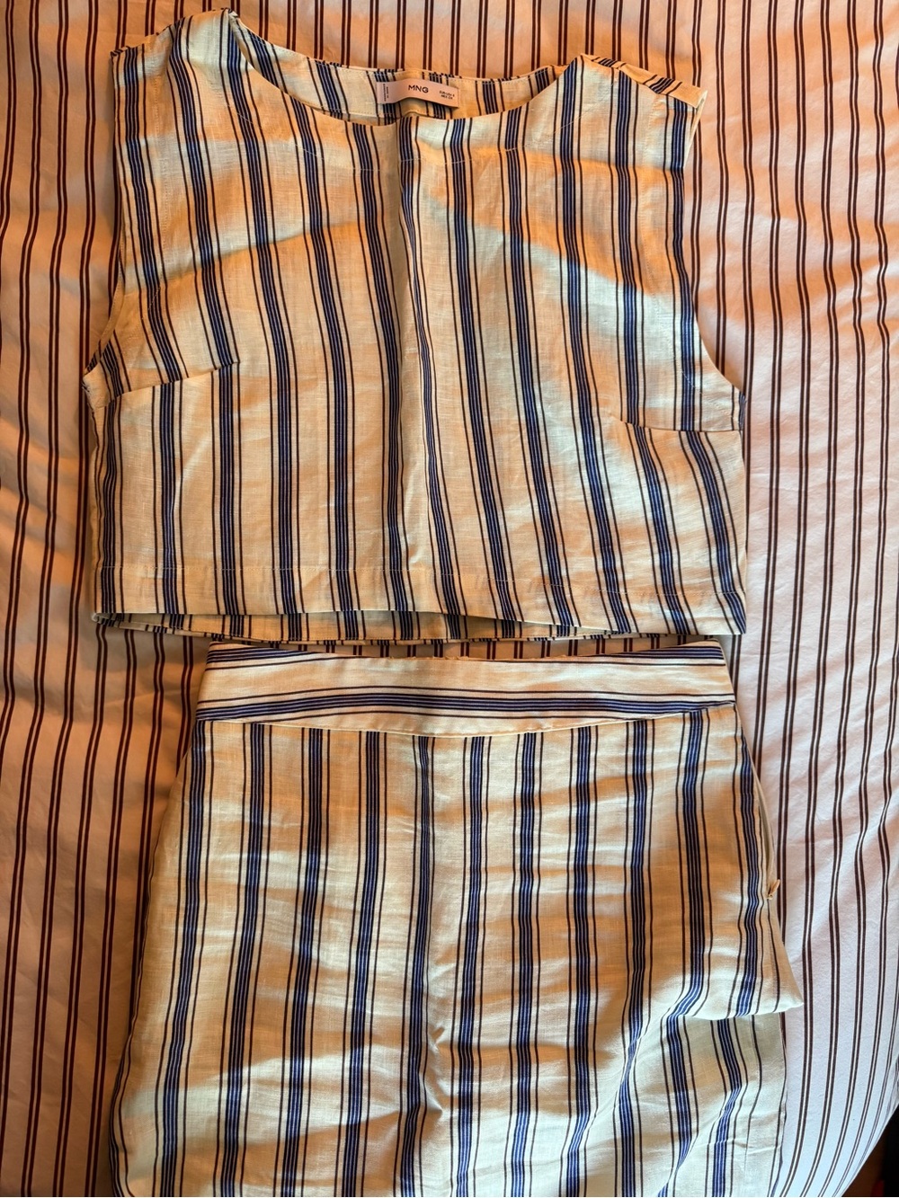 Mango Linen Striped Two-Piece Crop Top and High-Waist Maxi Skirt Set